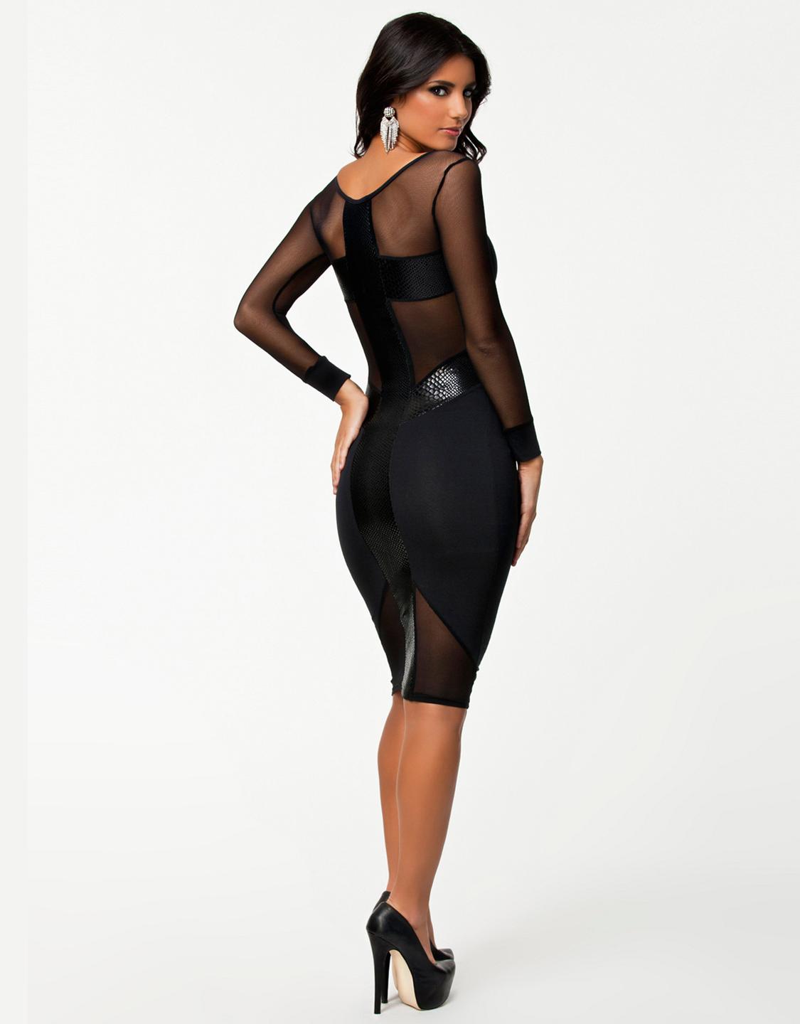 Sheer Mesh See-Through Long Sleeves Midi Cross Dress
