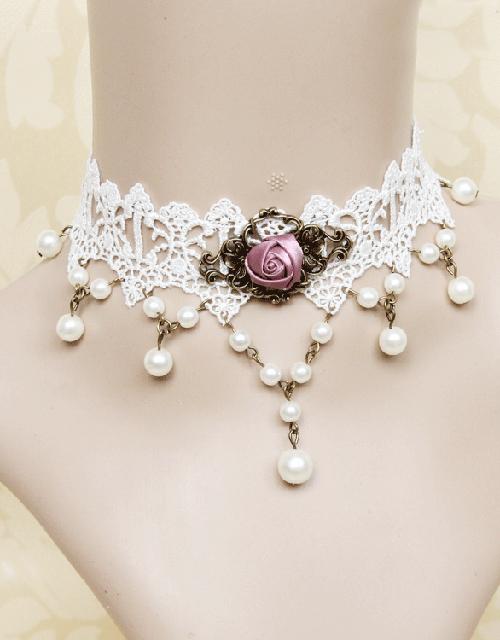 White Lace Pearl Pendant Vintage Choker 