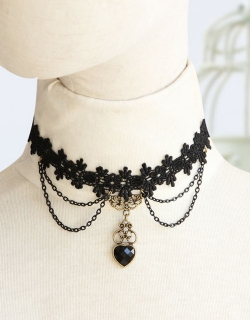 Balck Retro Choker with Heart Crystal & Chains