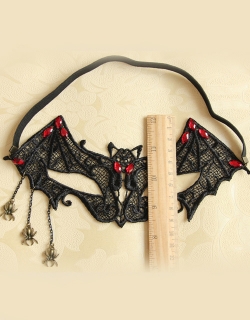 Black Lace Gothic Bat Eye Masks with Red Beads & Chains 