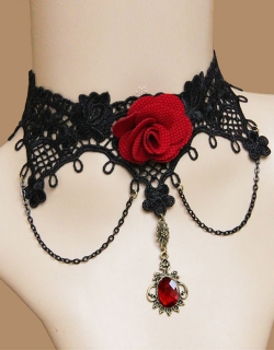 Retro Gothic Red Flower & Crystal Black Choker