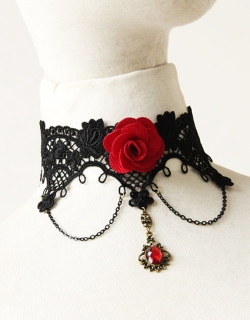 Retro Gothic Red Flower & Crystal Black Choker