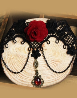Retro Gothic Red Flower & Crystal Black Choker