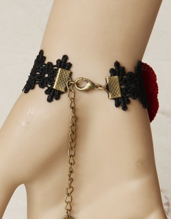 Retro Red Flower Black Bracelet with Ruby Ring