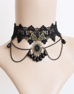 Sexy Black Lace Necklace with Beads & Chain