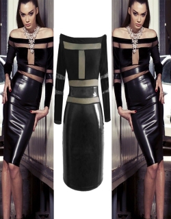 Sexy Slash Neck See-through Gauze Spliced Slim Fit PU Leather Dress