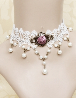 White Lace Pearl Pendant Vintage Choker 
