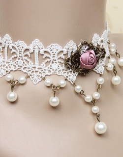 White Lace Pearl Pendant Vintage Choker 