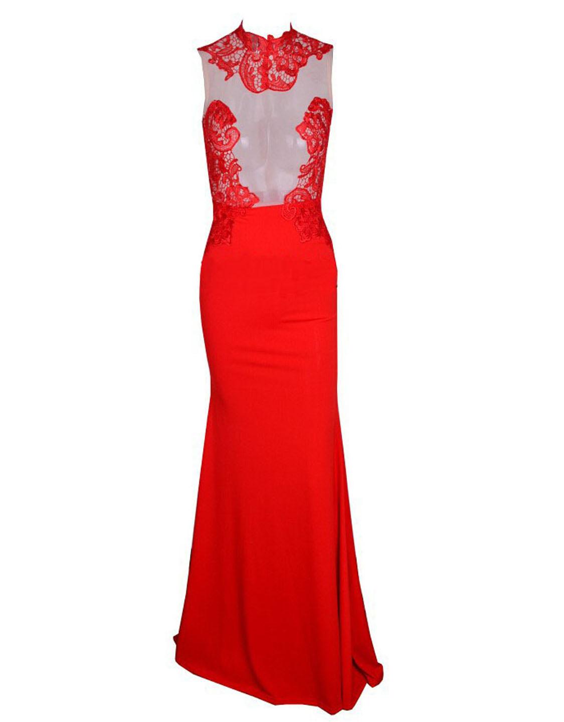 Red Lace Applique Mesh Maxi Dress Celebrity Style