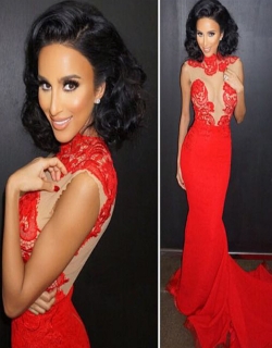 Red Lace Applique Mesh Maxi Dress Celebrity Style