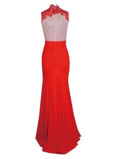 Red Lace Applique Mesh Maxi Dress Celebrity Style