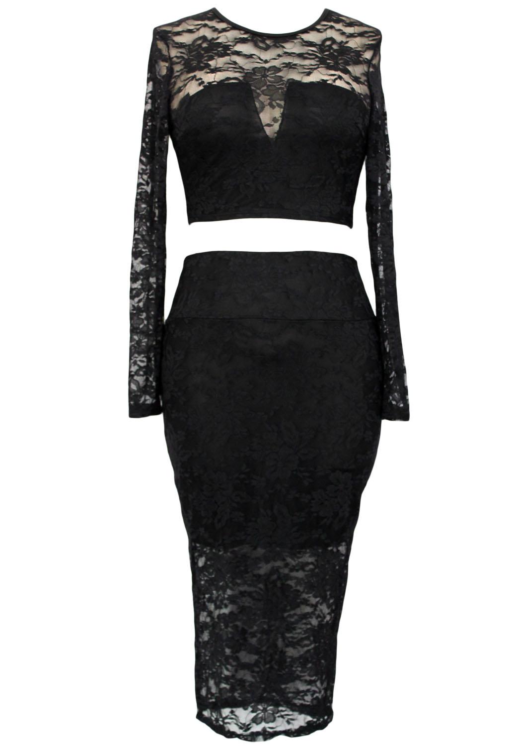 Black Lace Overlay Long-Sleeve Skirt Set