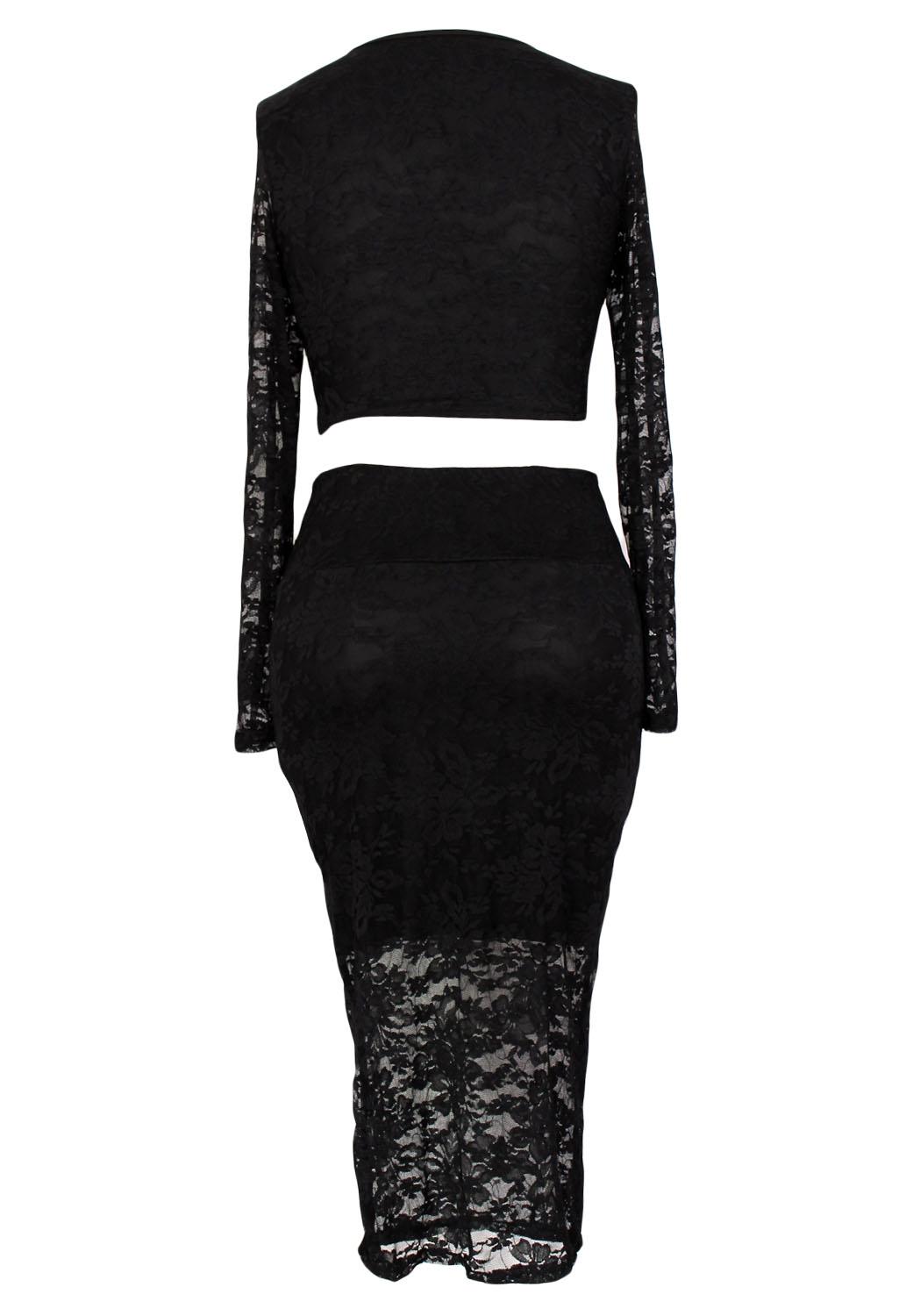 Black Lace Overlay Long-Sleeve Skirt Set