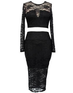 Black Lace Overlay Long-Sleeve Skirt Set
