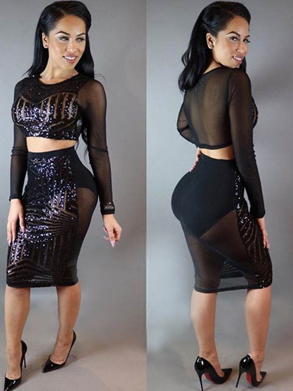 Black 2 Pcs Sequins Mesh Yarn Splicing Clubwear