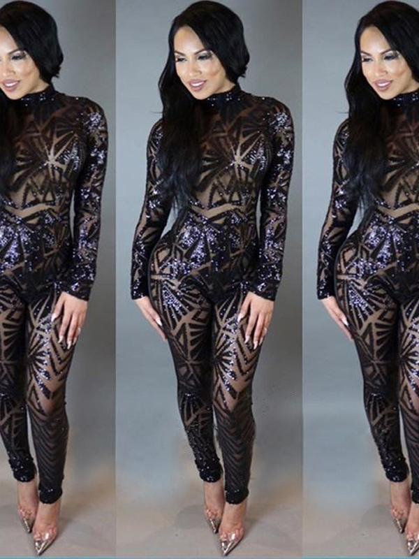 Black Long Sleeve Perspective Backless Twinkle Jumsuit