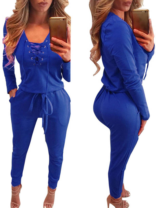 Blue Long Sleeve Women Jumpsuit