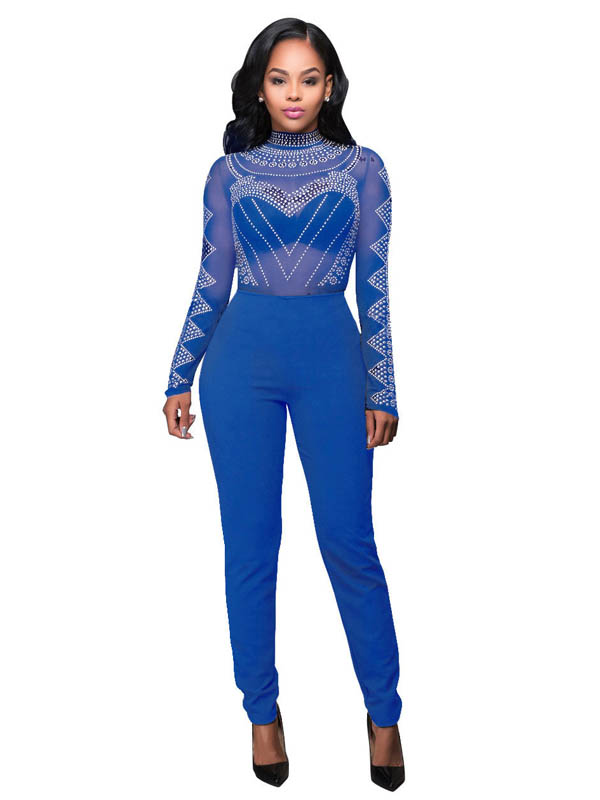 Blue Sexy Women See Through Jumpsuit