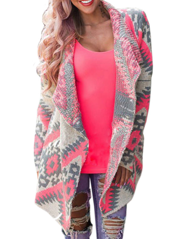 Geometric Printed Long Sleeve Cardigan For Women