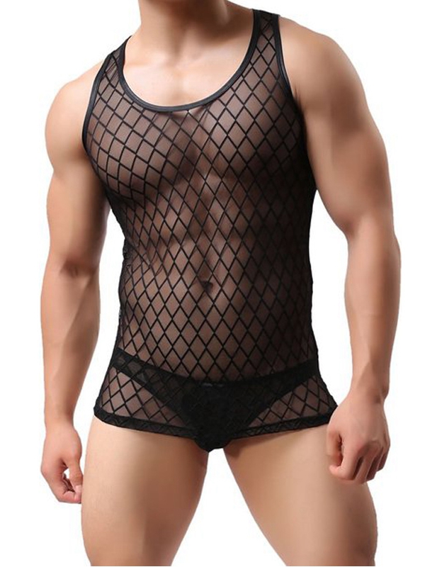 Men Black Hollow Out Lingerie Tops