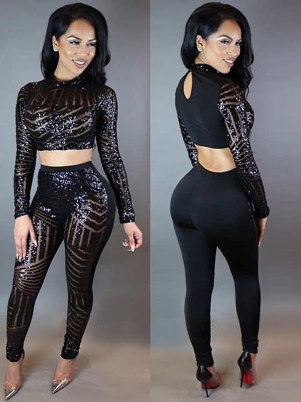 Sexy Long Sleeve Sequined Black Two-Piece Pants Set