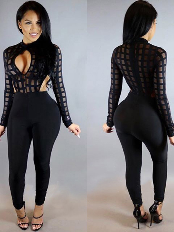 Sexy Perspective Long Sleeve Skinny Spliced Jumpsuit