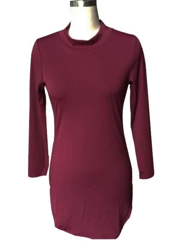 Sexy Stand-Up Collar Long Sleeve Wine Red Bodycon Dress Women