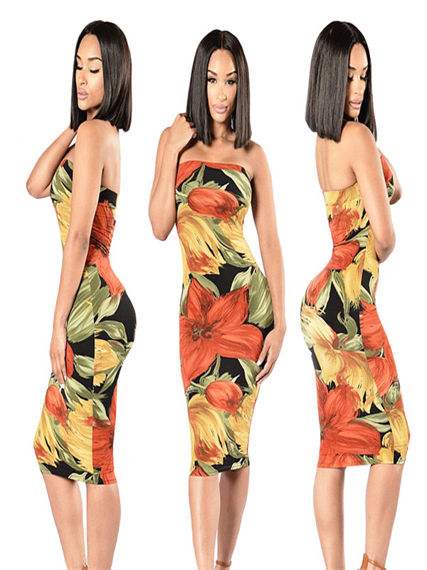 Womens Sexy Strapless Floral Printed Bodycon Dress