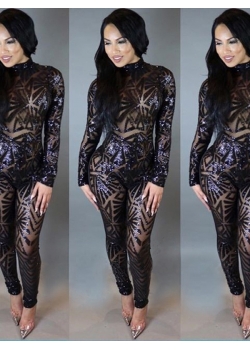 Black Long Sleeve Perspective Backless Twinkle Jumsuit