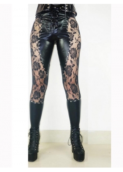 Black Wetlook Lace Vinyl Leather Legging