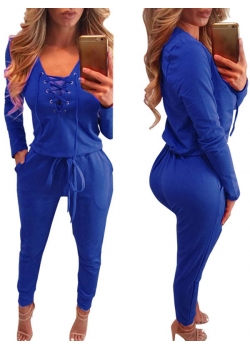 Blue Long Sleeve Women Jumpsuit