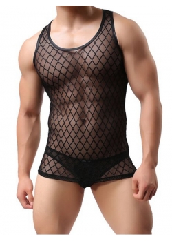 Men Black Hollow Out Lingerie Tops