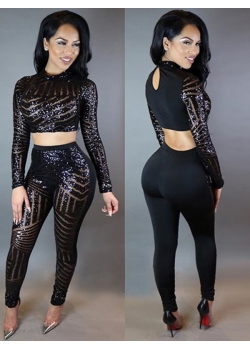 Sexy Long Sleeve Sequined Black Two-Piece Pants Set
