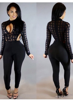 Sexy Perspective Long Sleeve Skinny Spliced Jumpsuit