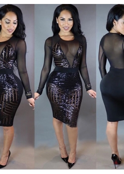 Women Black Sequined Long Sleeves Club Dress