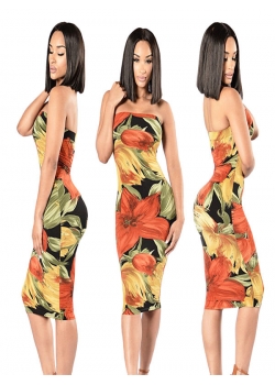 Womens Sexy Strapless Floral Printed Bodycon Dress
