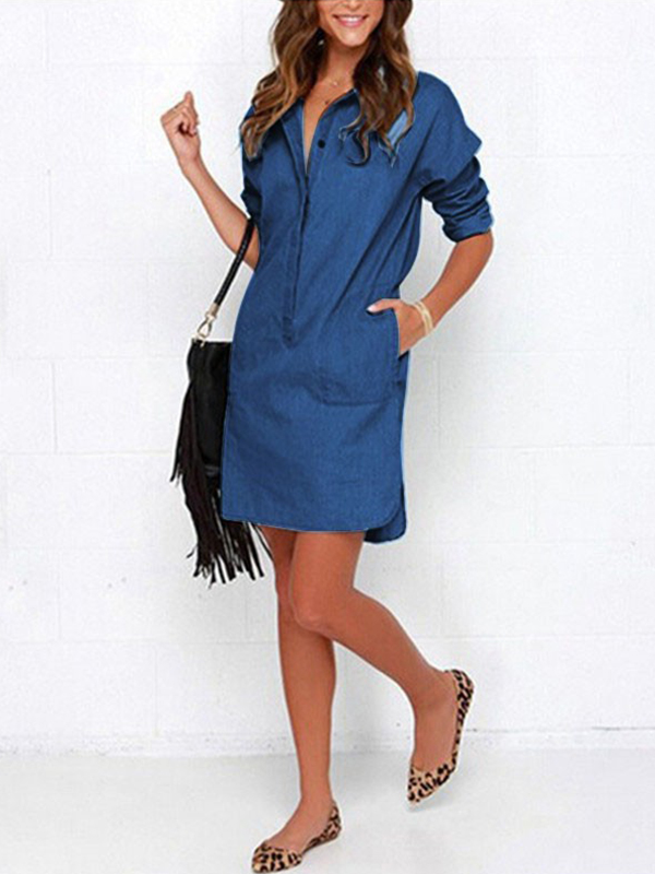  Women Long Sleeve Dark Blue Jean Dress