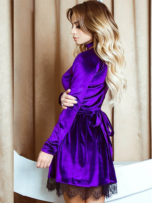 Purple Velvet Lace Up Sexy Women Casual Dress