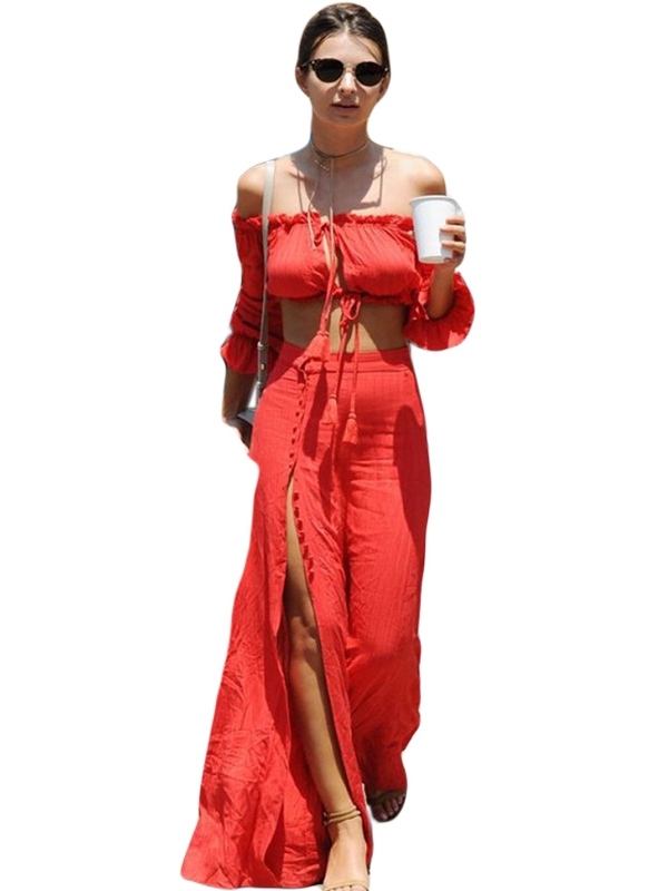 Red Strapless Fashion Two Pieces Maxi Dress