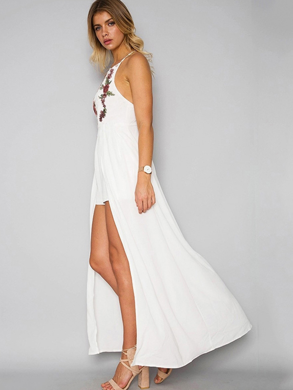 White Chiffon Embroidery Romper Maxi Dress