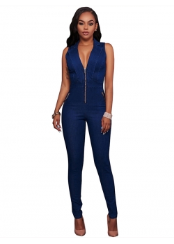 Dark Blue Women Sleeveless Denim Jean Jumpsuit