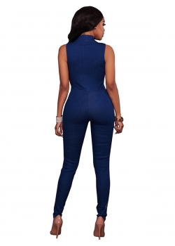 Dark Blue Women Sleeveless Denim Jean Jumpsuit