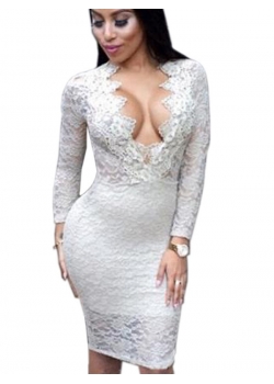 White Deep V Lace Bandage Dress