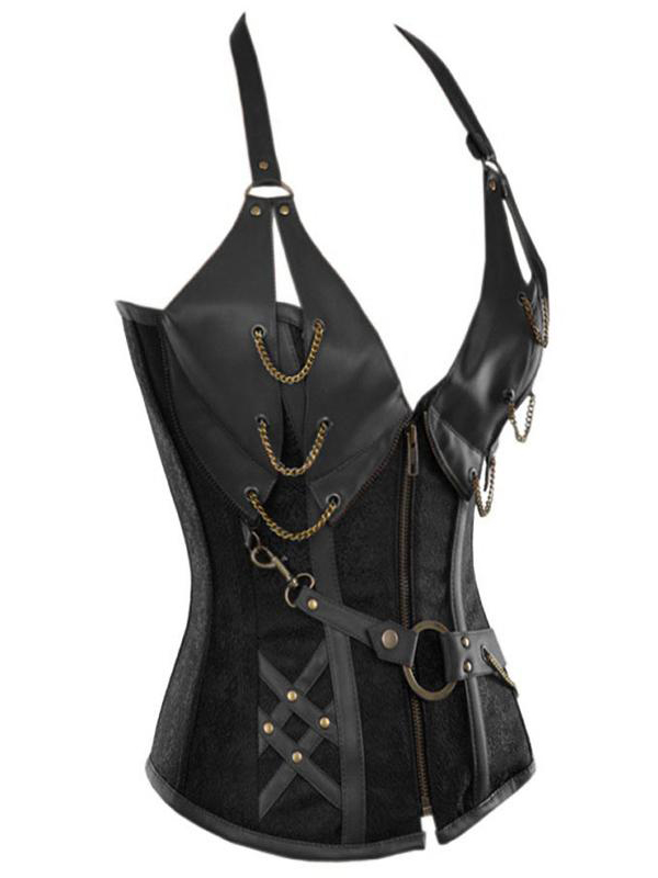 Black Corset With Faux Leather Halterneck