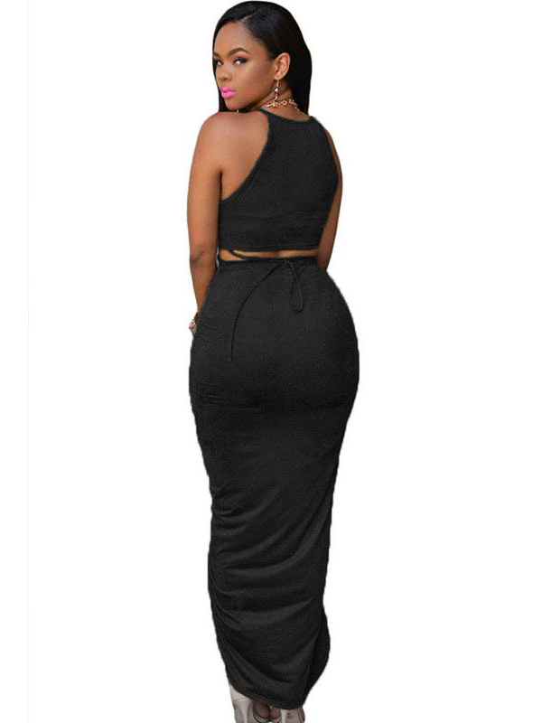 Black Cotton Two Piece Maxi Skirt Set