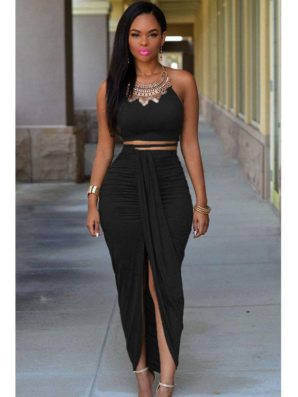 Black Cotton Two Piece Maxi Skirt Set