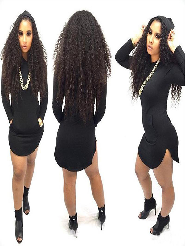 Black Long Sleeve Hooded Collar Dress