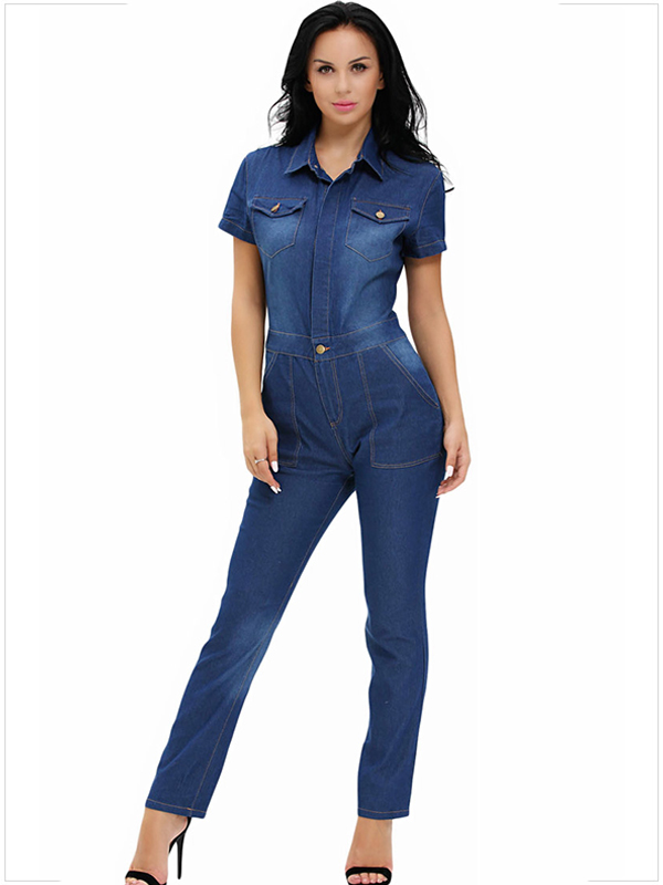 Blue Fashion Short Sleeve Jean Jumpsuit