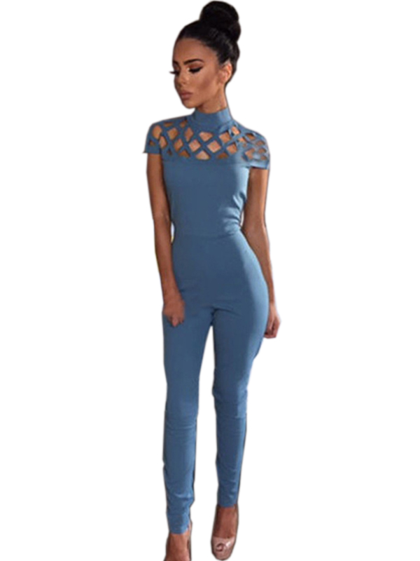 Light Blue Woman Cross Hollow Out Jumpsuit