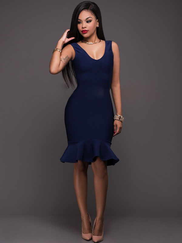 Blue Woman Sexy Fishtail Gown Midi Dresses